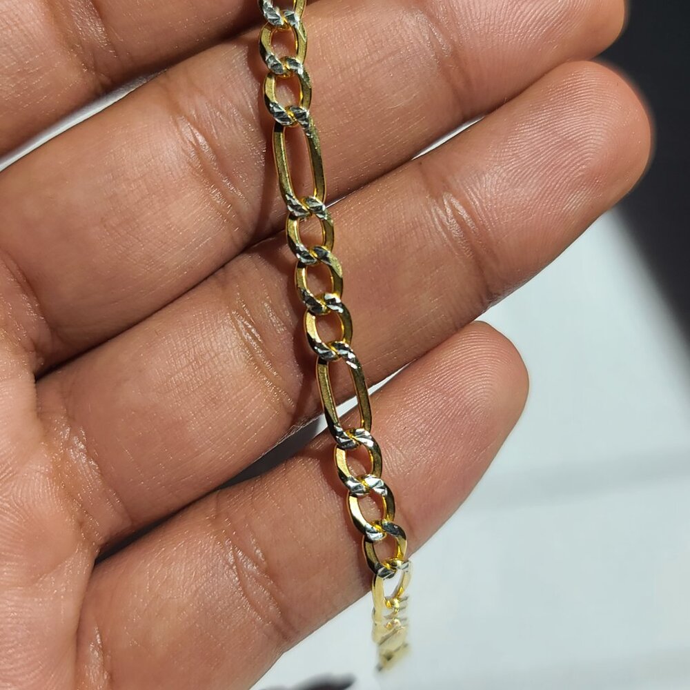 Sterling Silver Diamond Cut Gold Tone Figaro Chain Bracelet 8in 5mm